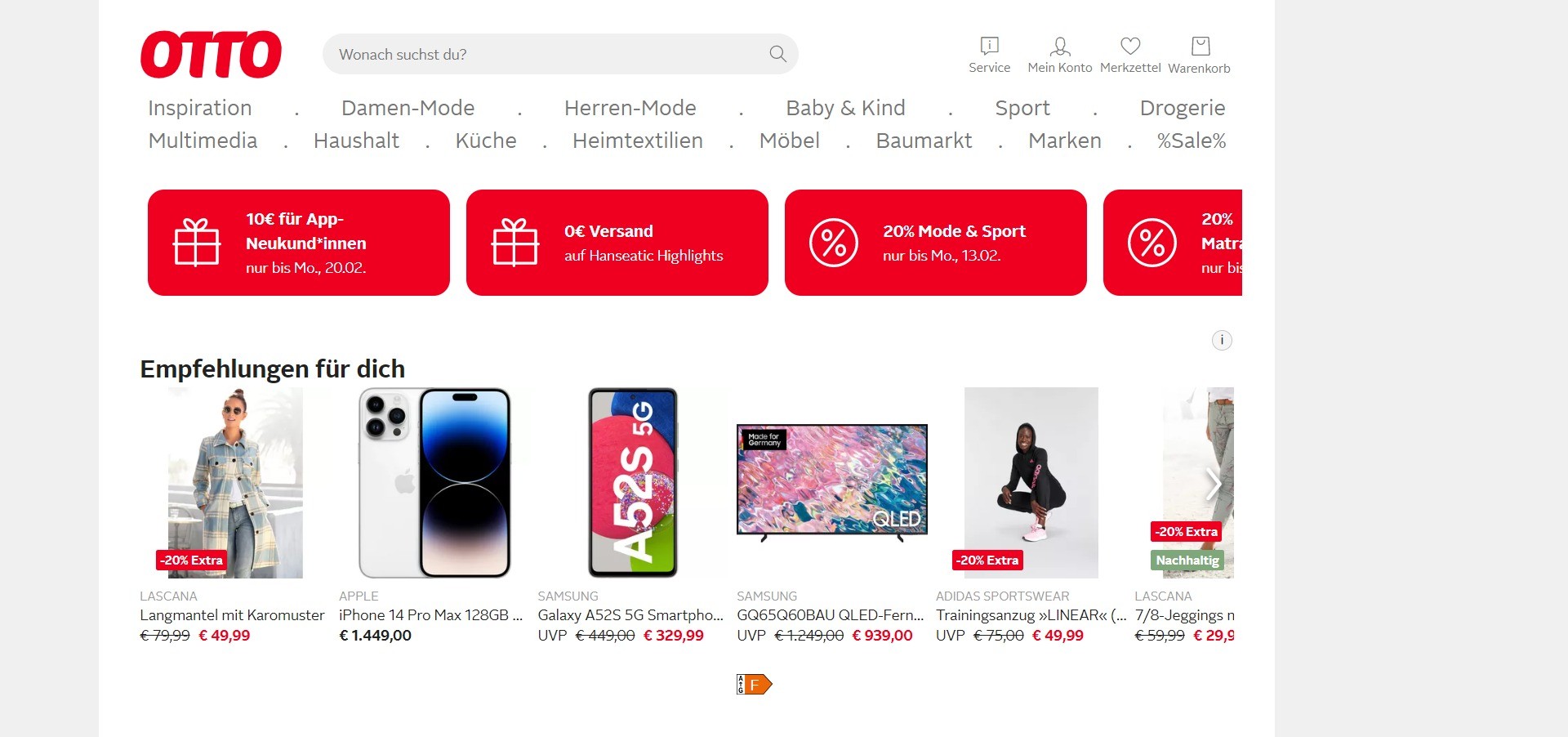 Screenshot of otto.de’s homepage nowadays, featuring categories like fashion, baby gear, drugstore, hardware and kitchenware