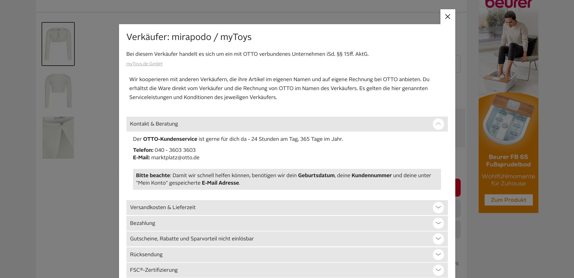 Screenshot of a random seller’s information page on otto.de