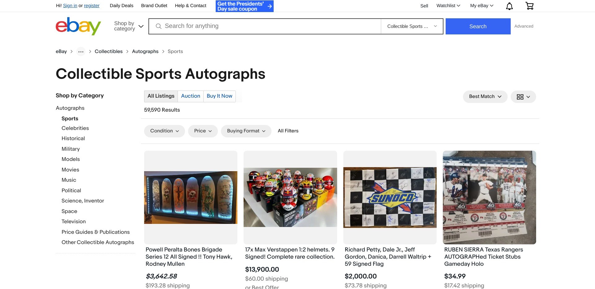 Screenshot of the Collectible Sports Autographs section on ebay.com