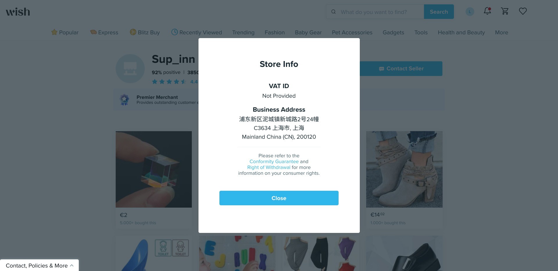 Screenshot of a random seller’s shop information on wish.com