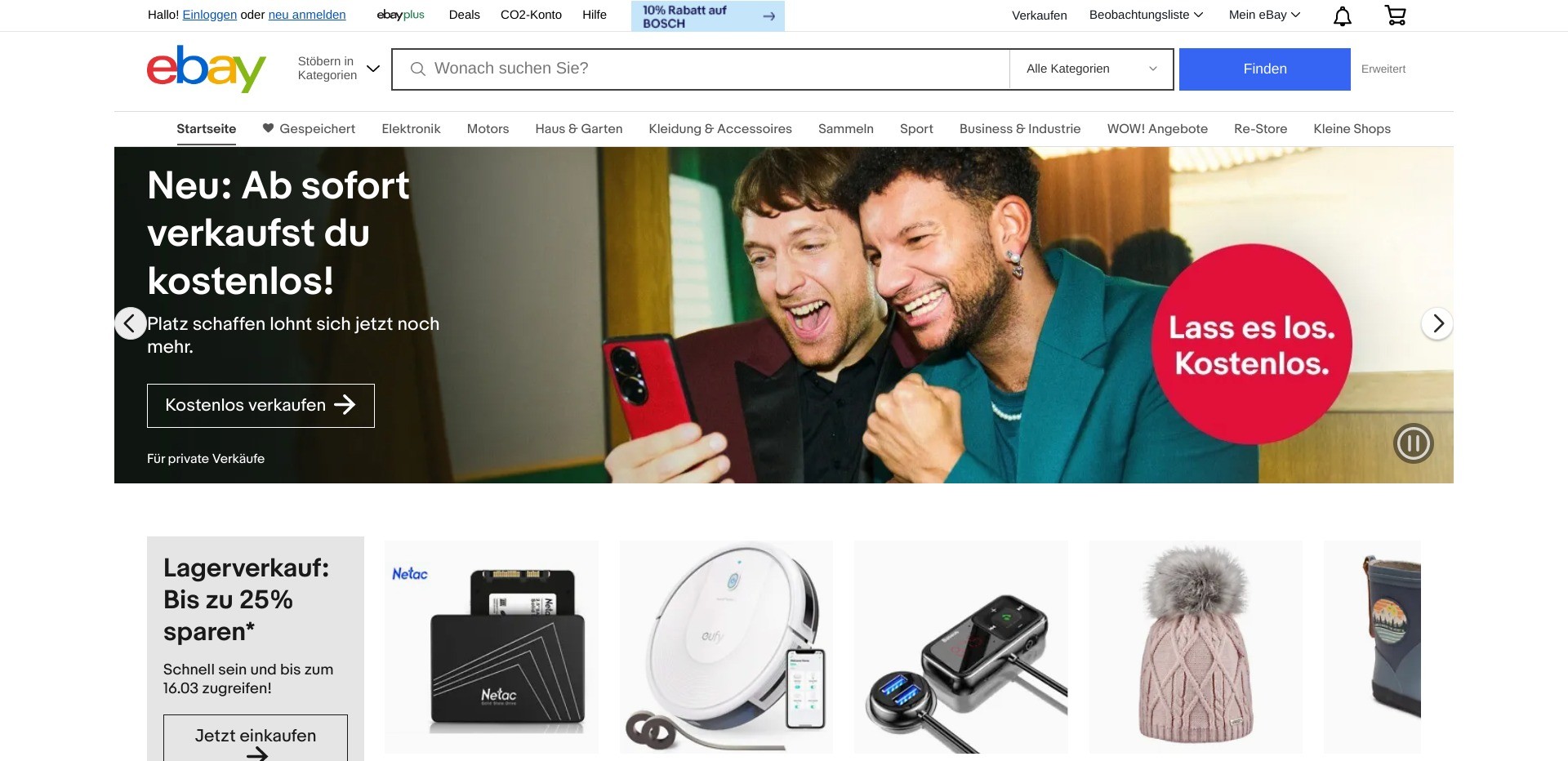 Screenshot of ebay.de displaying a banner saying “New: from now on you sell for free!” (translated by globaleyez)