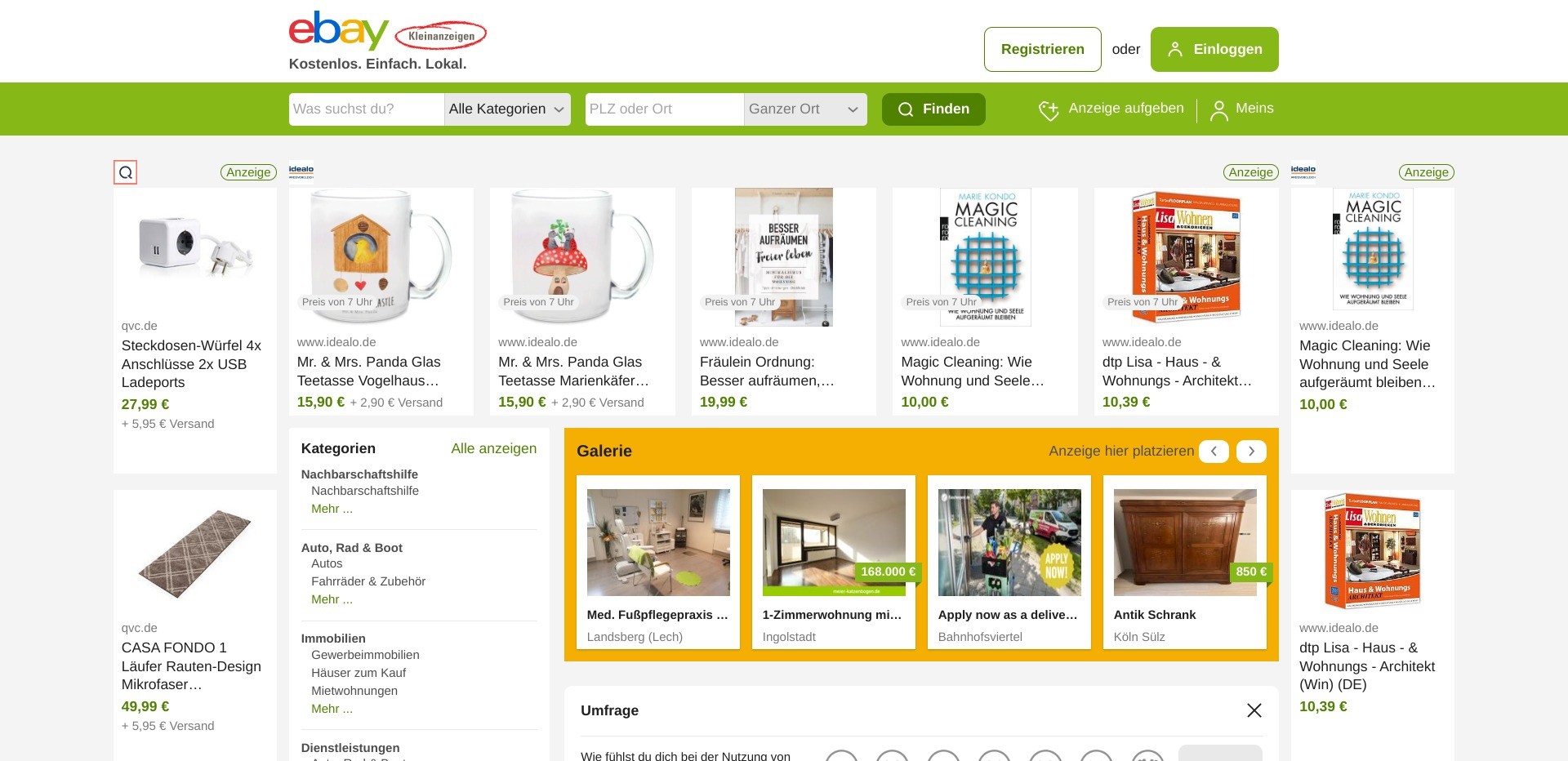 Screenshot of the homepage of ebay.kleinanzeigen.de