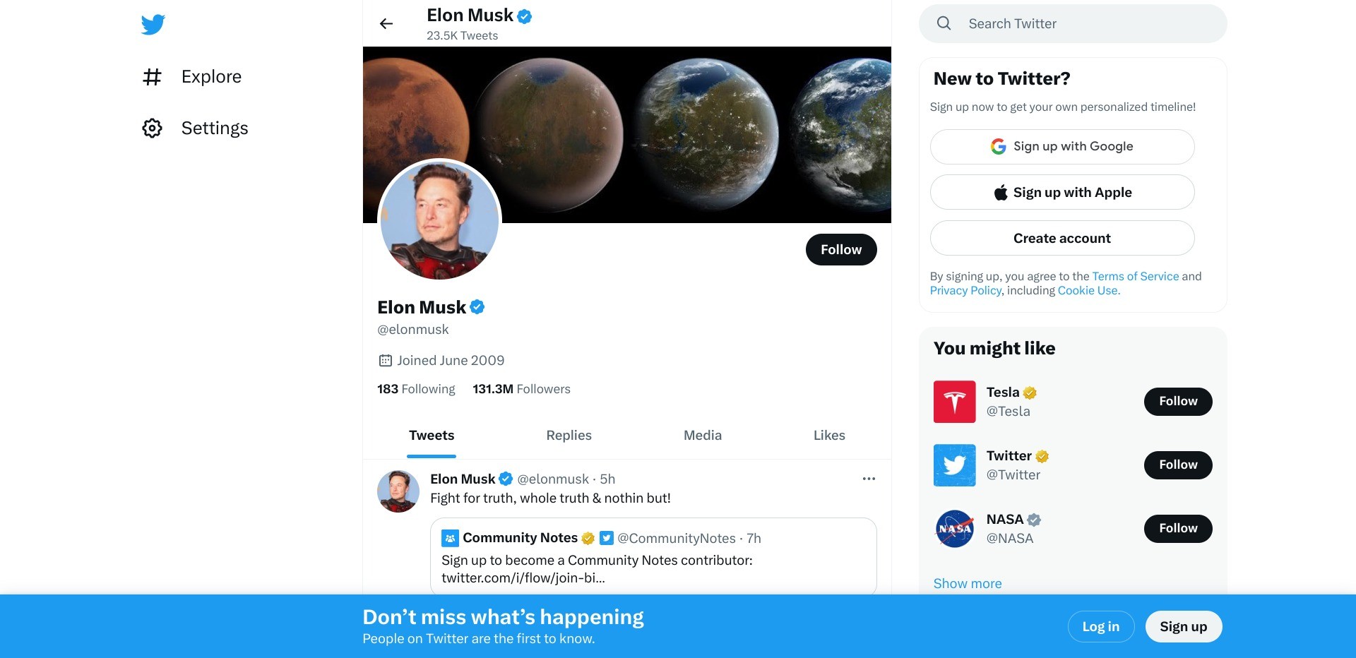 Screenshot of twitter.com/elonmusk, displaying Elon Musk’s Twitter account with a blue tick