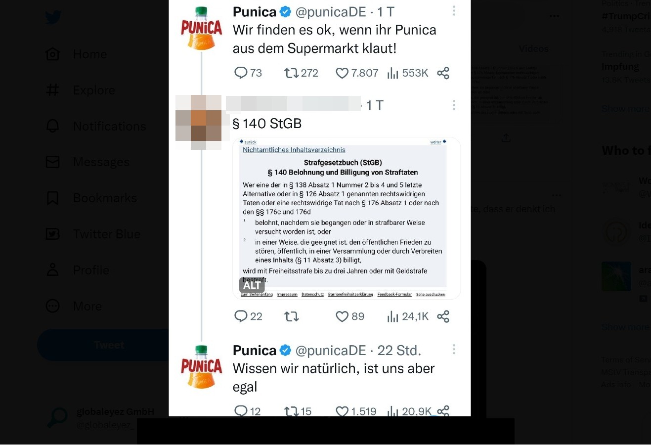 Screenshot of a tweet by the parody Punica account. Translation: We think it’s OK to steal Punica juice from the supermarket. (translated by globaleyez) After a user pointed out that stealing is against German criminal law, the parody Punica account 
