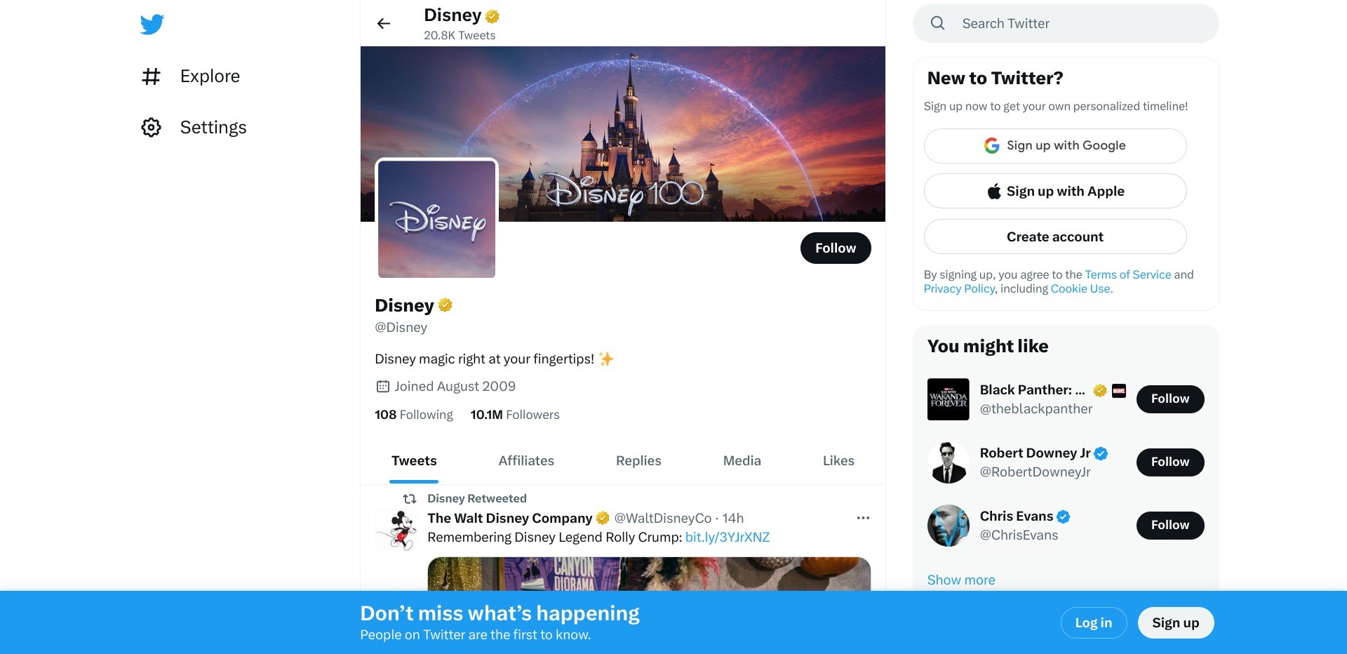 Screenshot of twitter.com/disney, displaying Disney’s official account with a gold tick