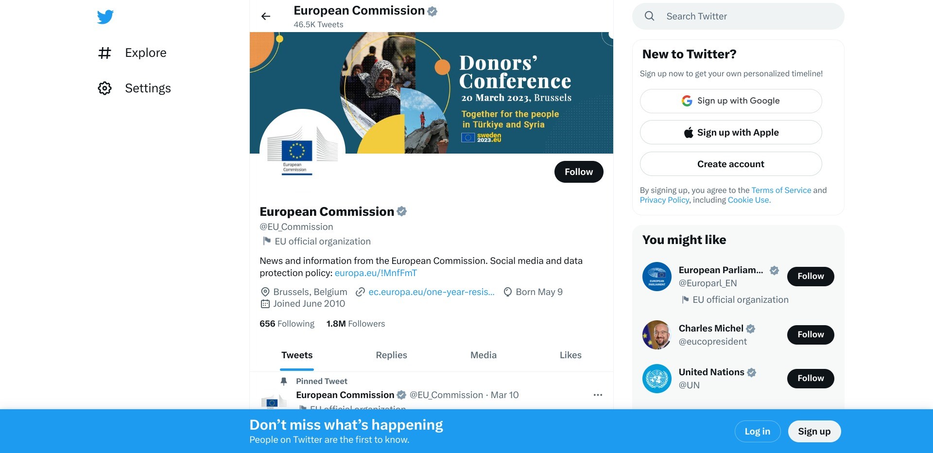 Screenshot of twitter.com/eu-commission, displaying the European Commission’s official account with a grey tick