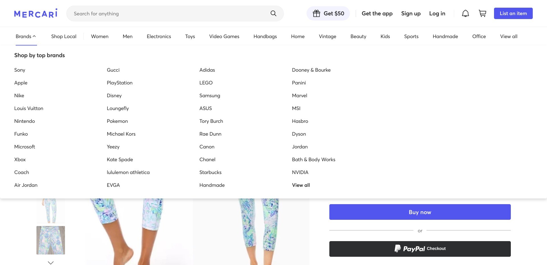 Screenshot of the “Brands” tab on mercari.com