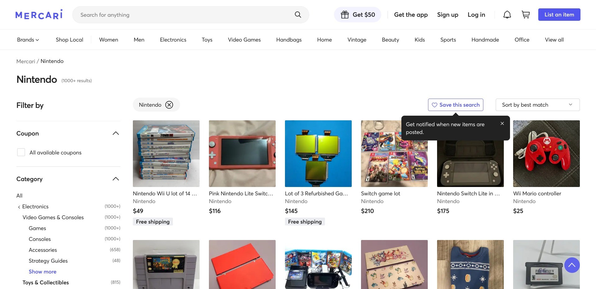Screenshot of mercari.com displaying all the product listings labelled “Nintendo”