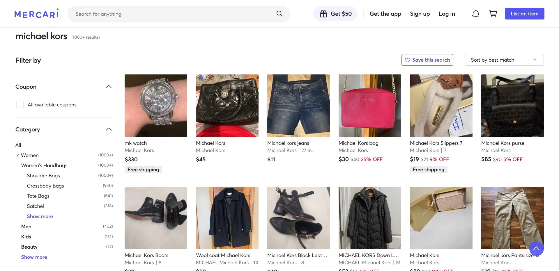 Screenshot of mercari.com displaying random Michael Kors product listings