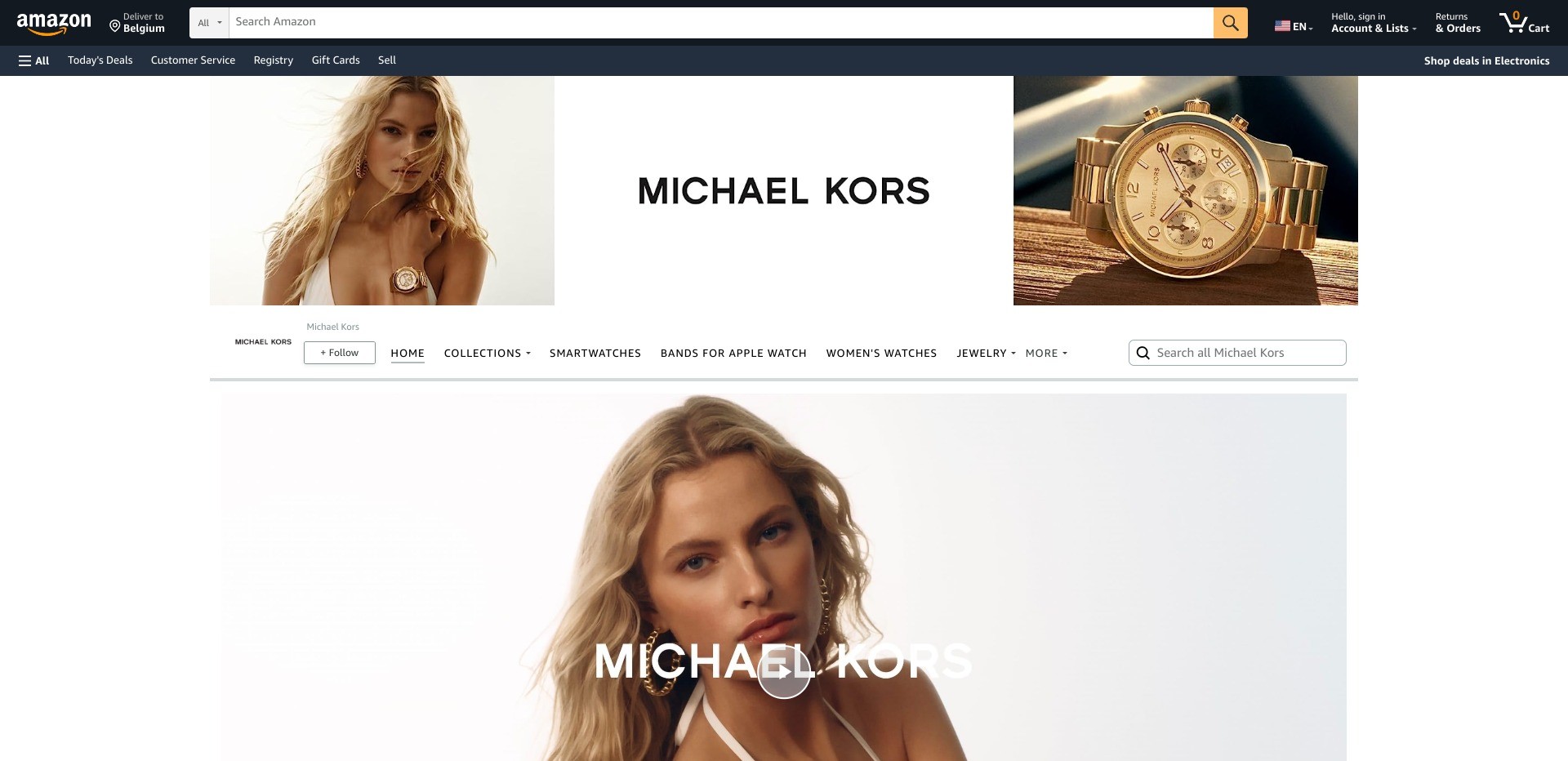 Screenshot of the Michael Kors brand store featured on amazon.com