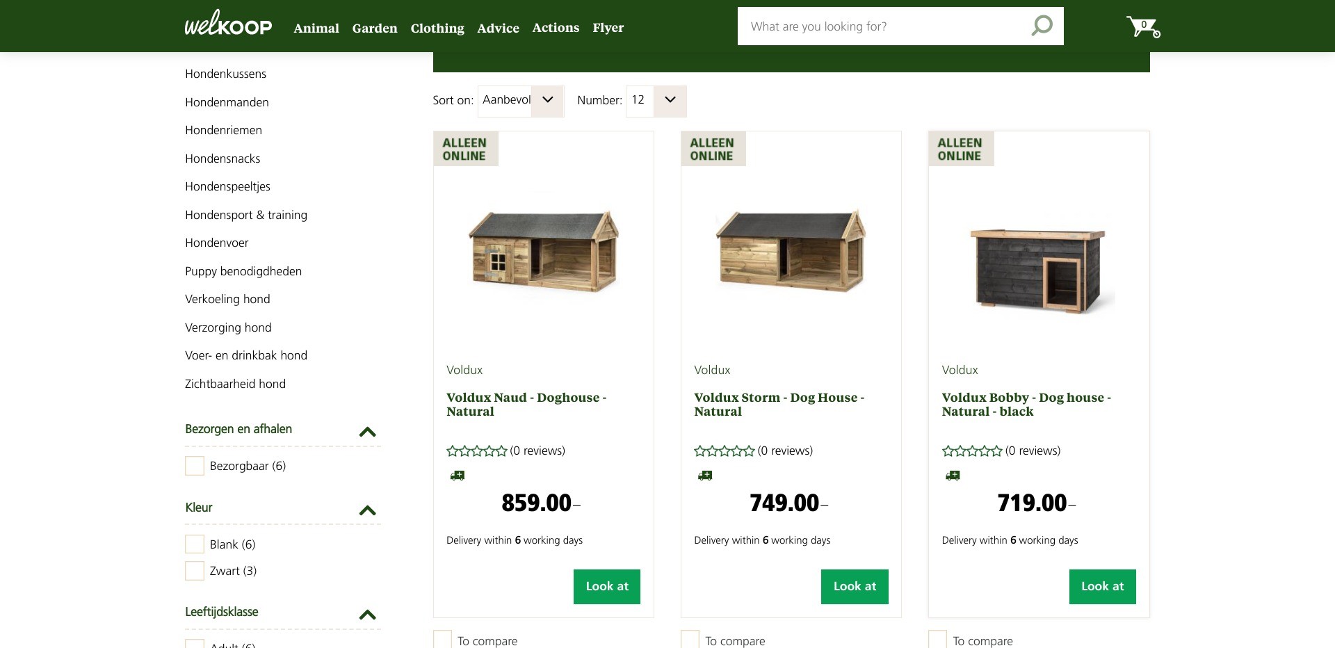 Screenshot of random dog house product listings on welkoop.nl
