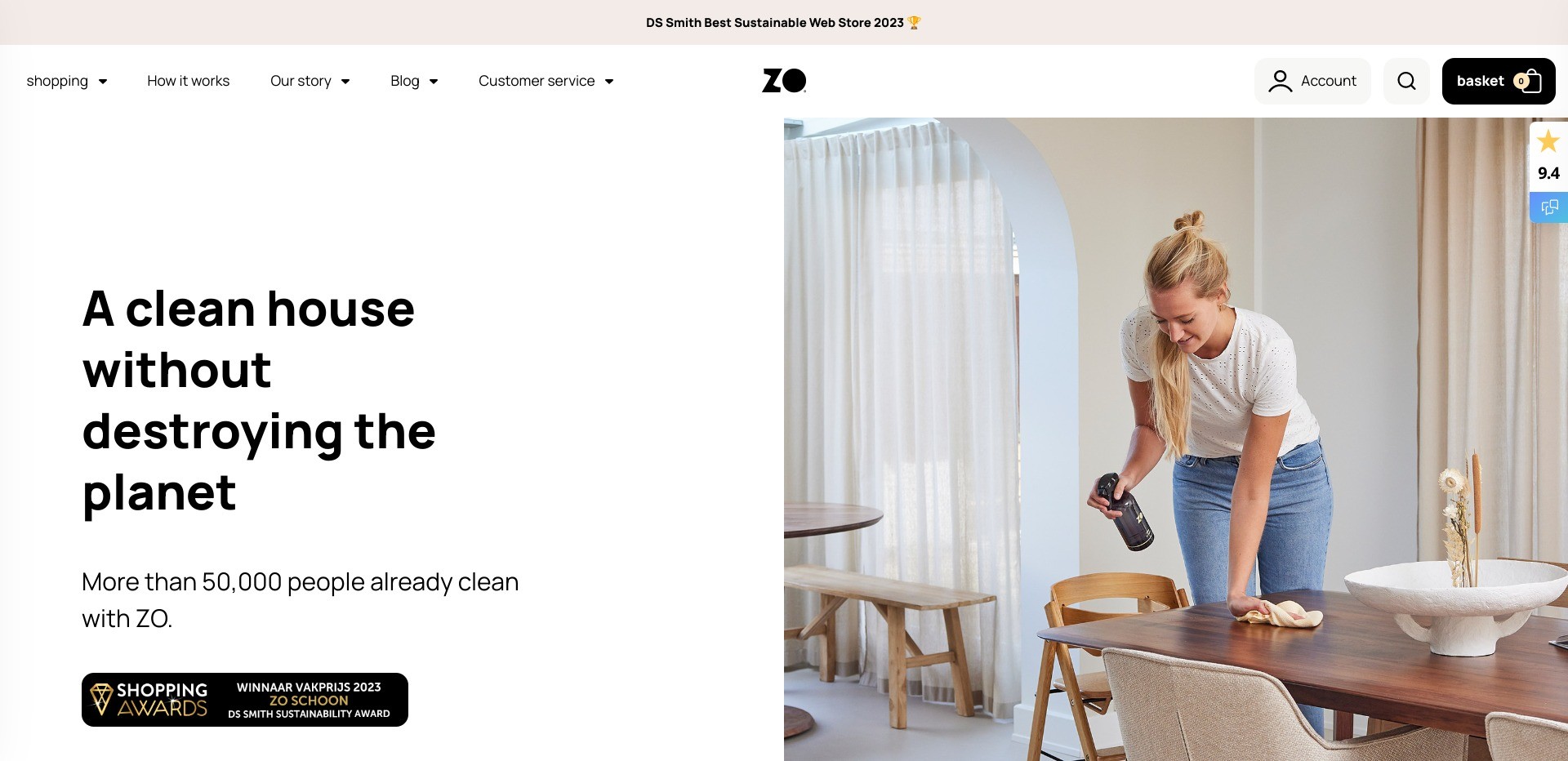 Screenshot of zoschoon.nl’s homepage, displaying its winner badge from the Shopping Awards