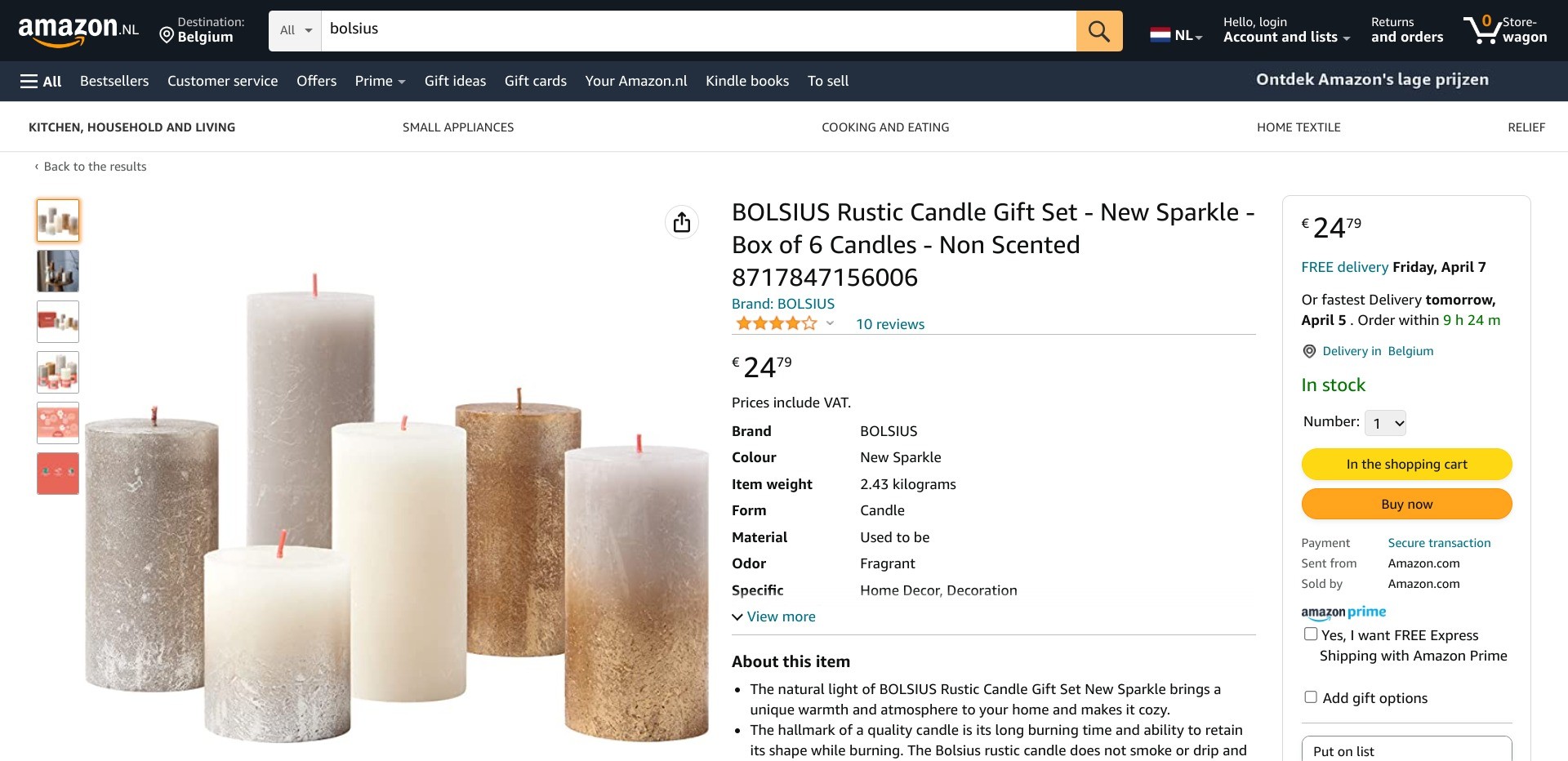 Screenshot of a random Bolsius product listing on Amazon.nl