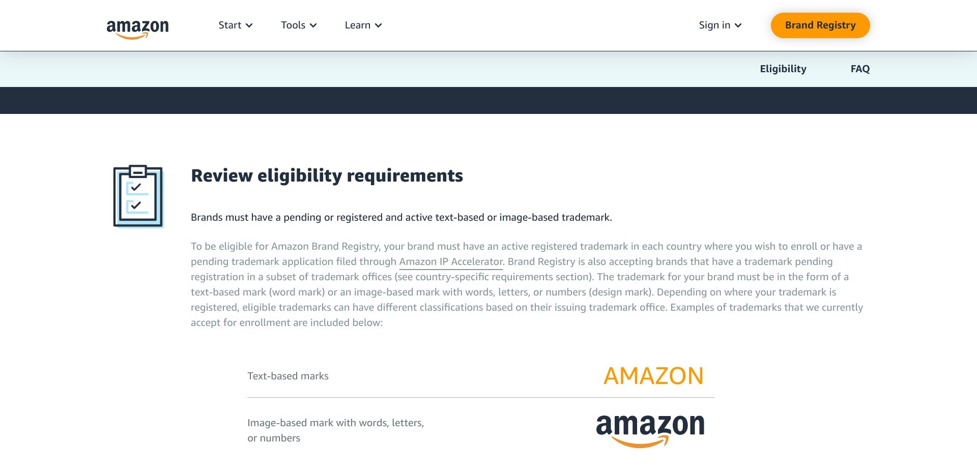 Screenshot of https://brandservices.amazon.com/brandregistry/eligibility displaying the eligibility criteria of Amazon’s Brand Registry