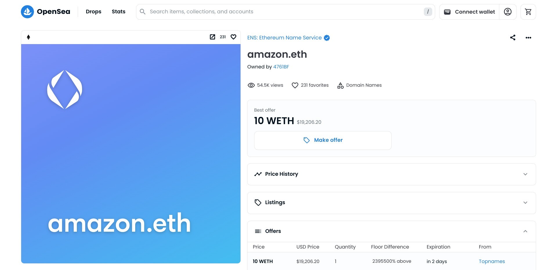 Screenshot of the listing of amazon.eth on opensea.io