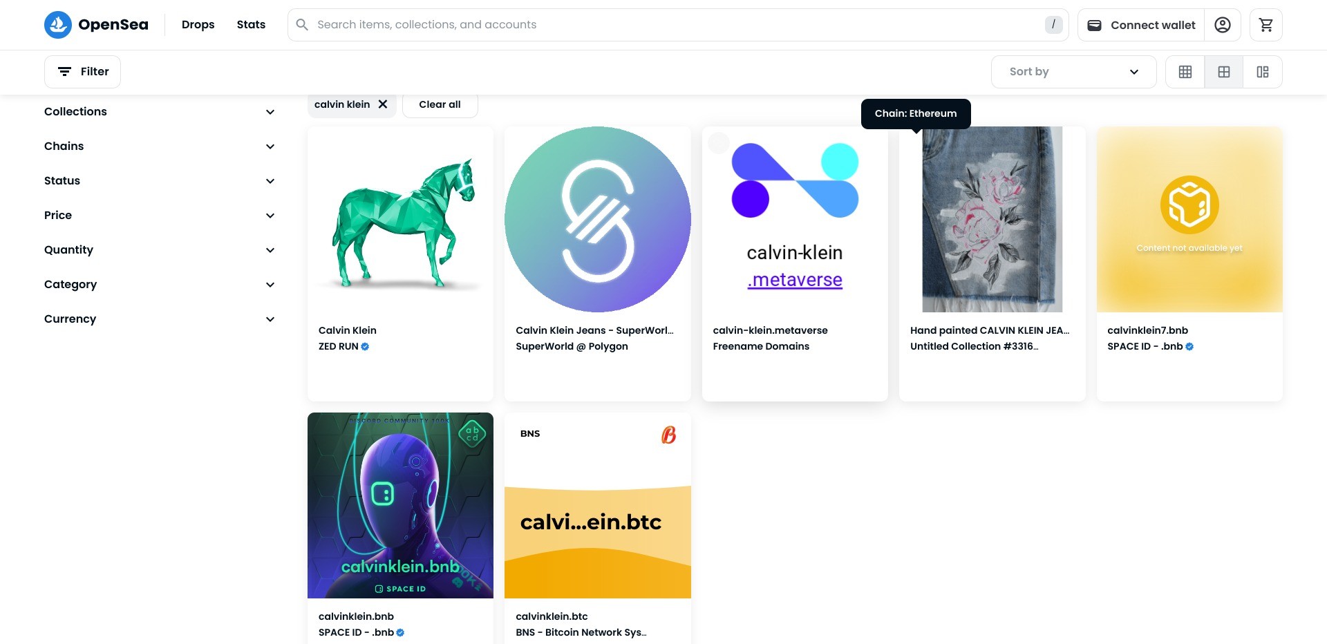 Screenshot of https://opensea.io/assets?search%5bquery%5d=calvin%20klein