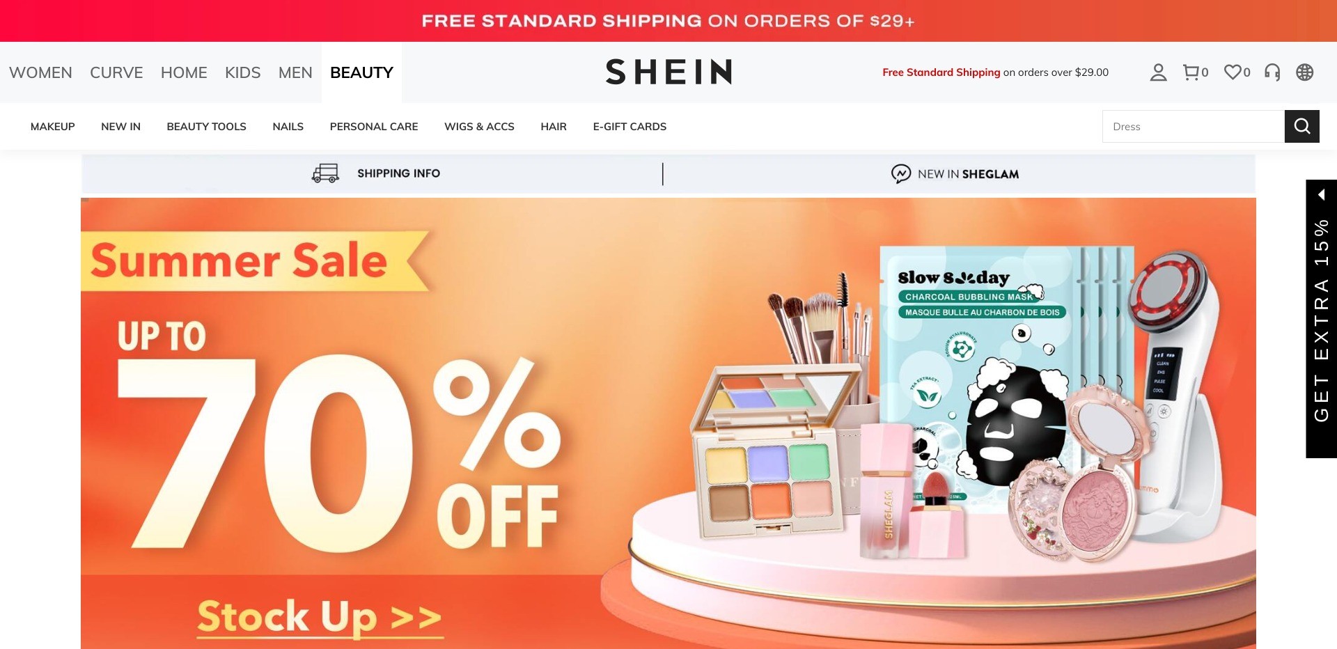 Screenshot of the homepage of us.shein.com