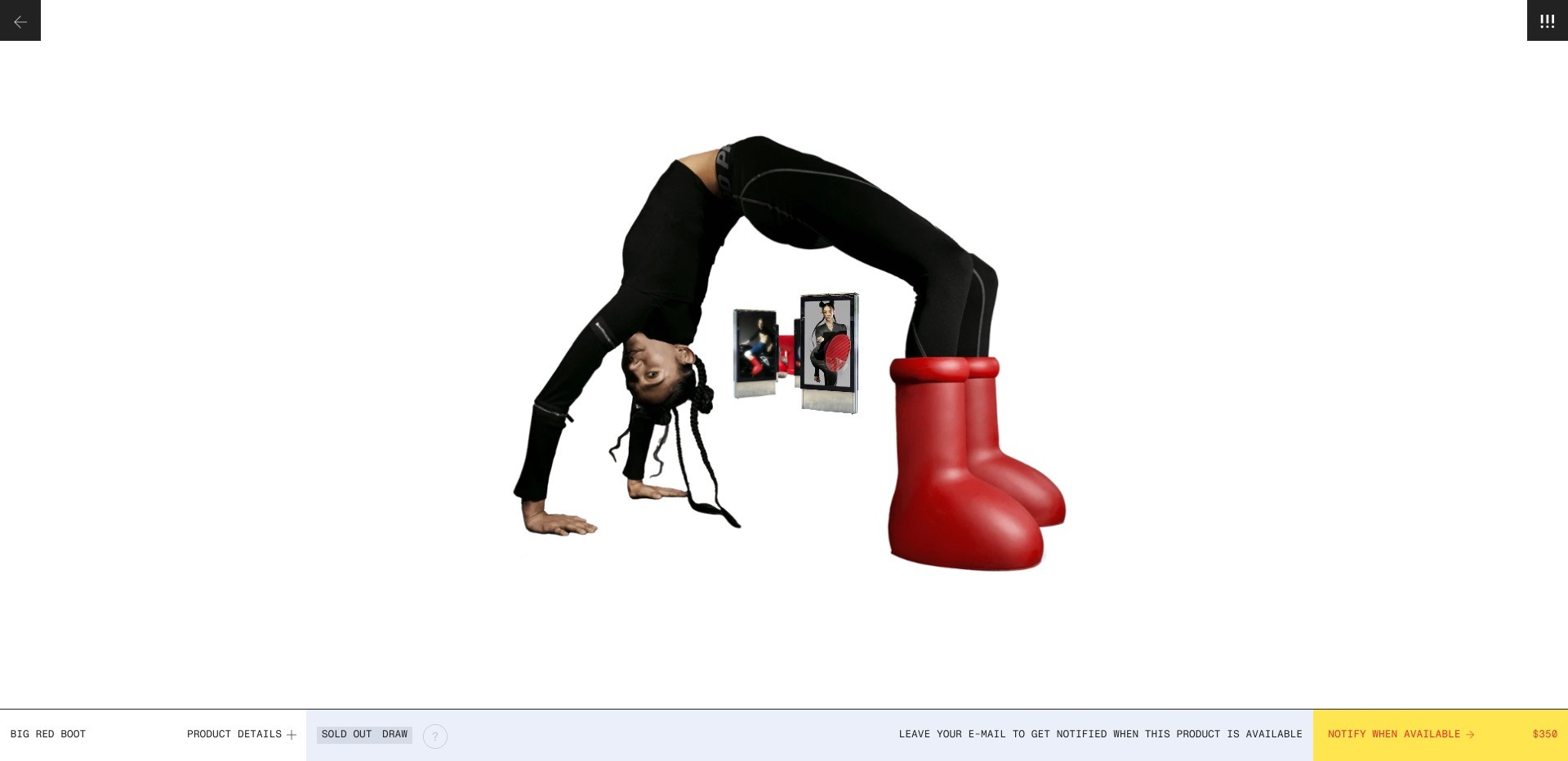 Screenshot of mschf.com displaying their signature big red boots sold for $350