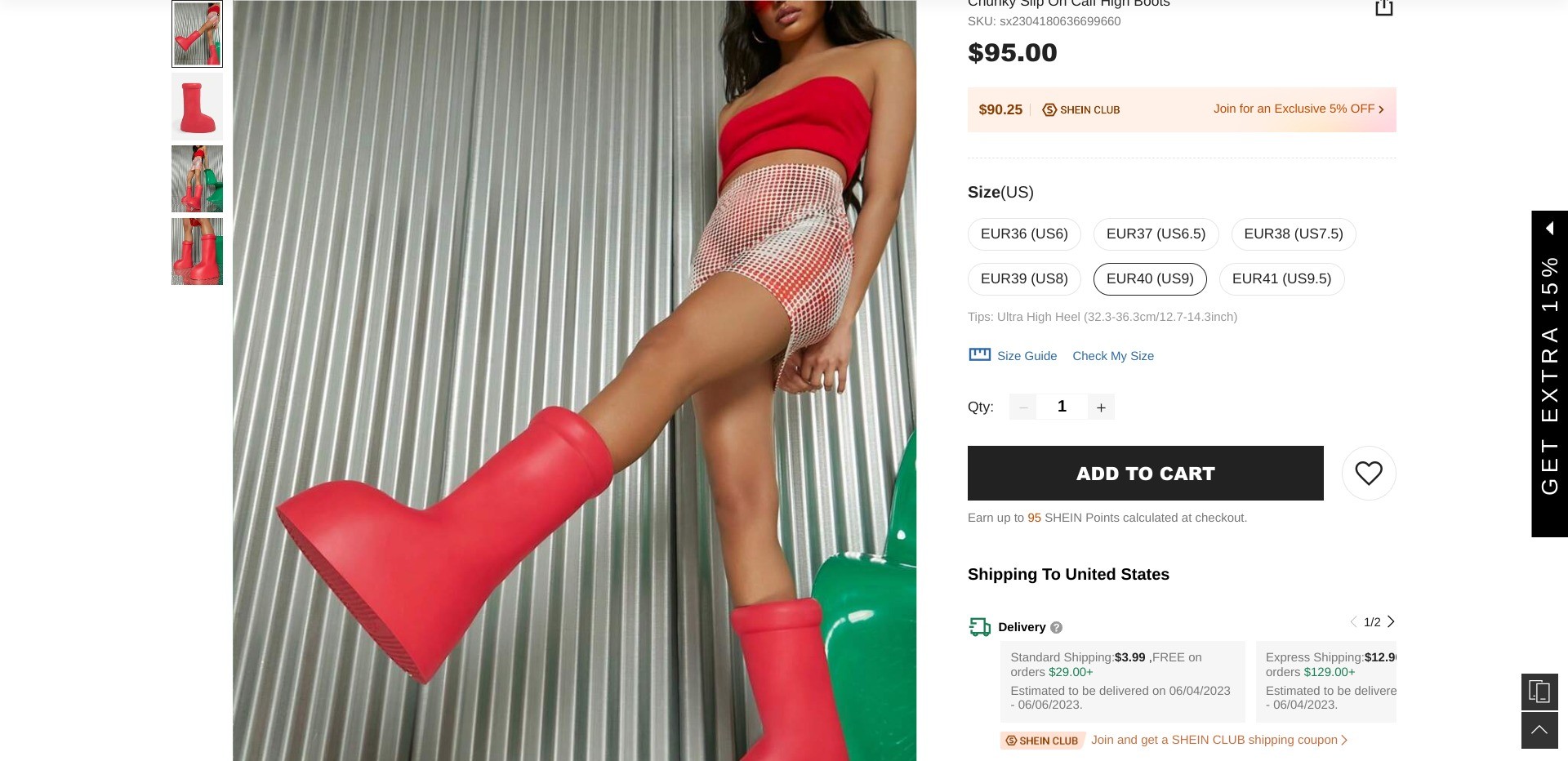 Screenshot of us.shein.com offering chunky slip-on boots sold for $95