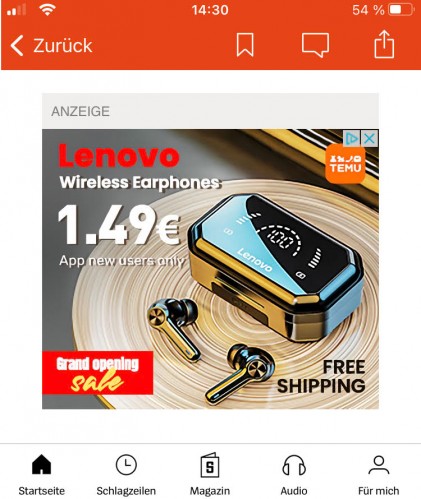 Screenshot of spiegel.de displaying the ad for Lenovo wireless earphones taken in May 2023