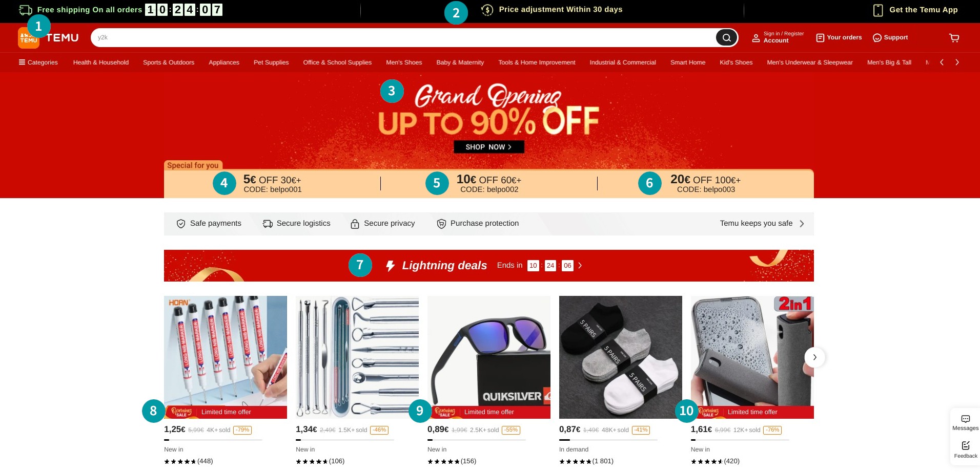 Screenshot of temu.com advertising special deals in ten separate places
