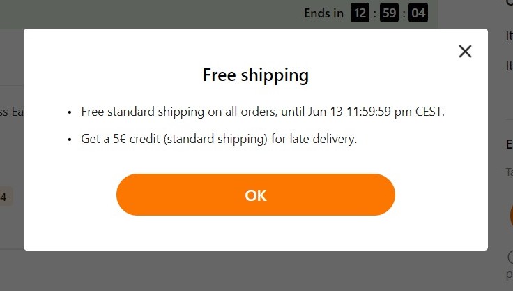 Screenshot of temu.com displaying a 5 € credit for late shipment