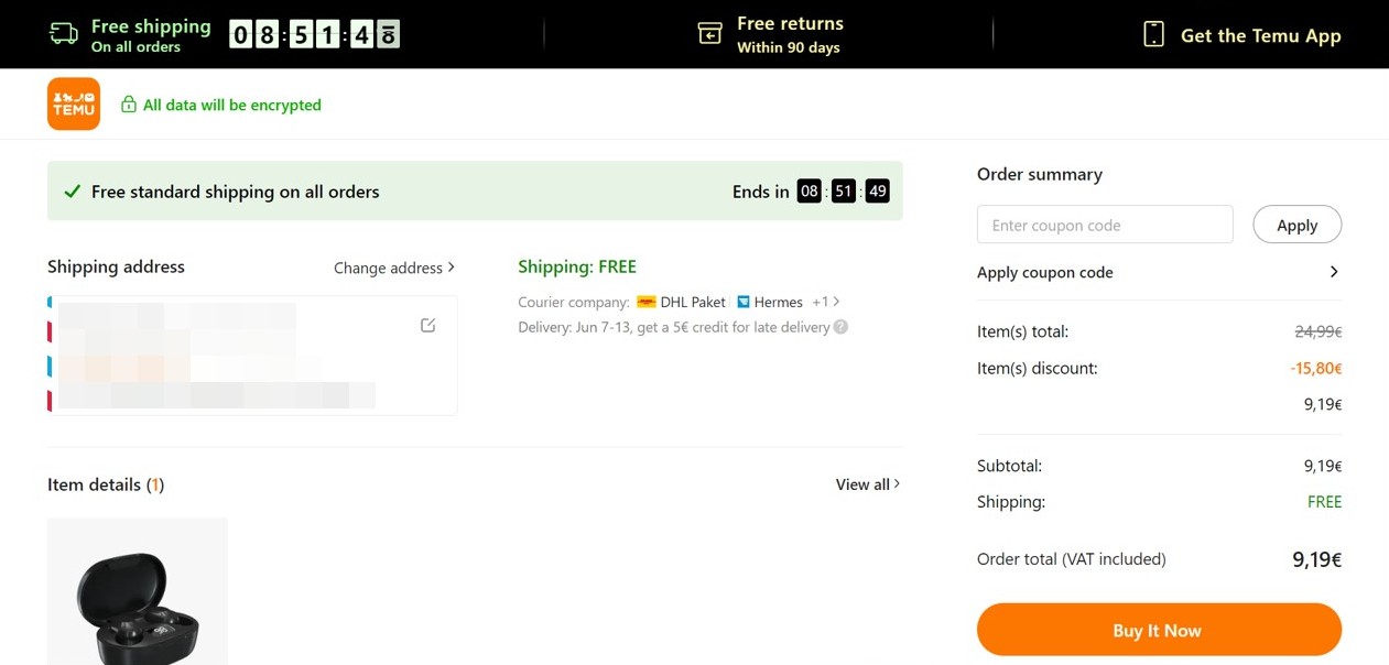 Screenshot of our order confirmation page on temu.com