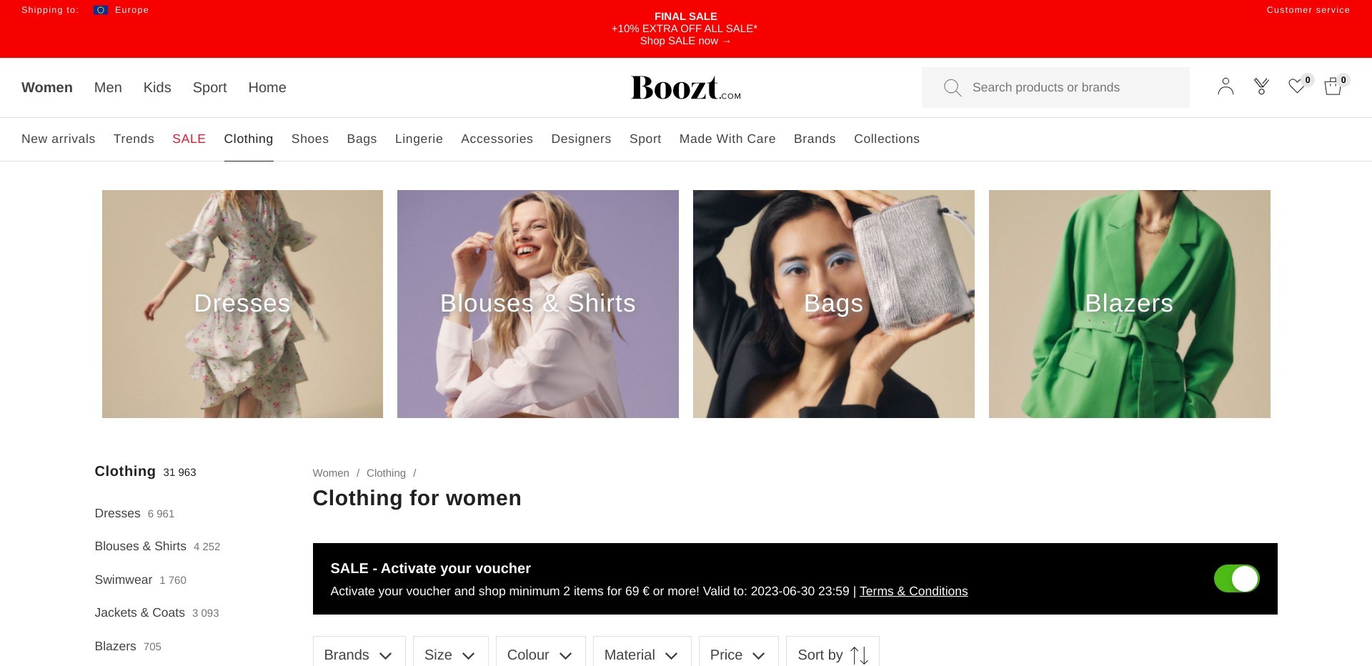 Screenshot of boozt.com displaying clothing categories for women