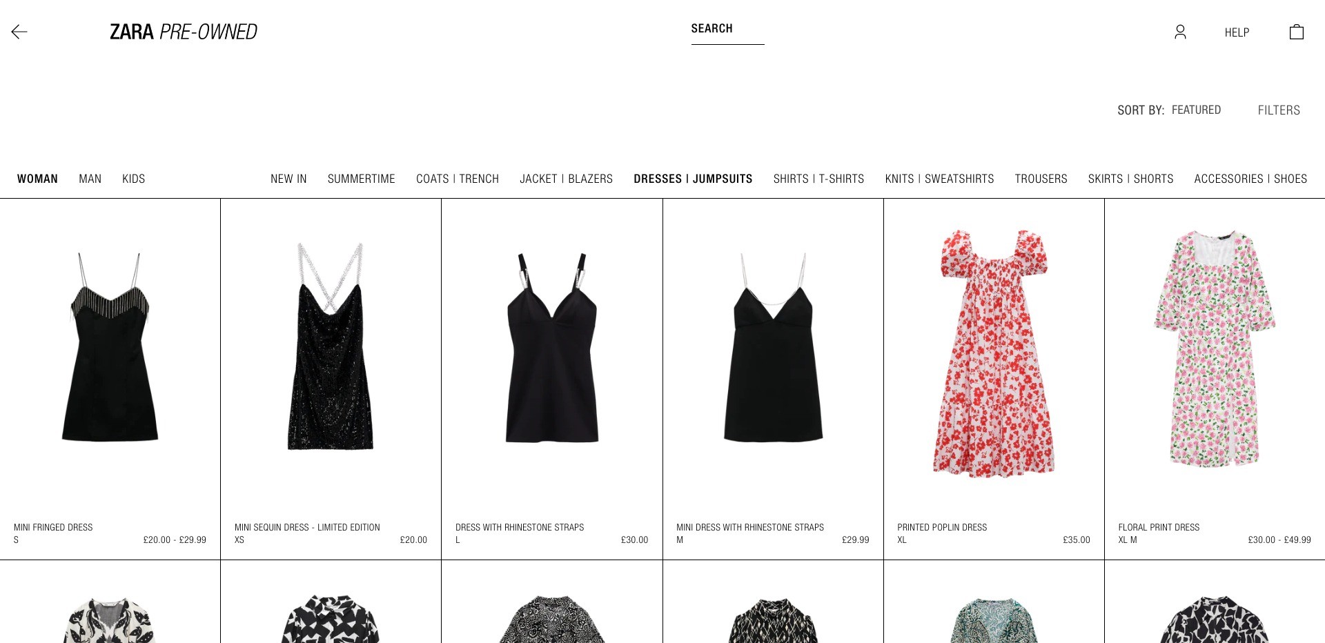 Screenshot of https://resell.zara.com/collections/womans-dresses/vendor-zara-resell displaying random product listings