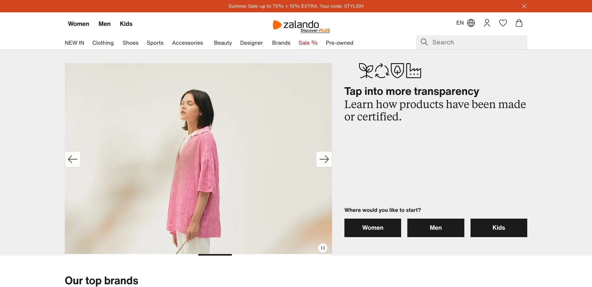 Screenshot of en.zalando.de with the Pre-Owned tab visible among the categories