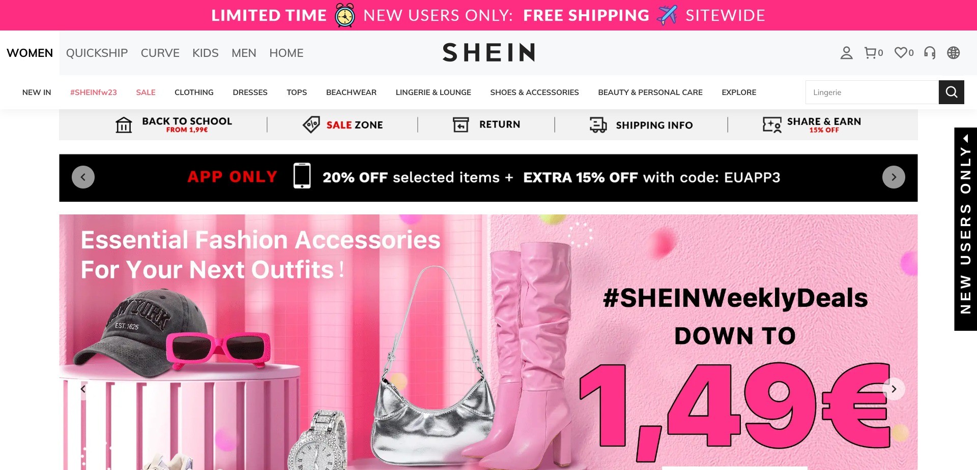 A screenshot of the homepage of shein.com