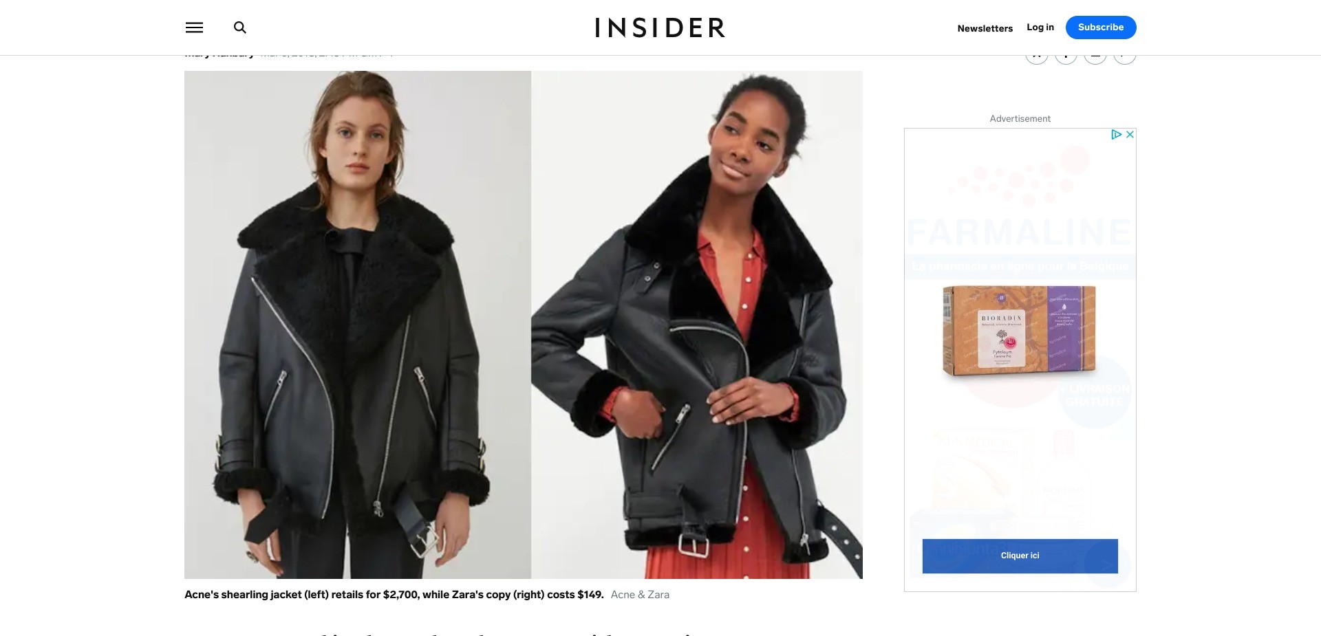 Screenshot of insider.com displaying a leather jacket by Acne and a similar one by Zara