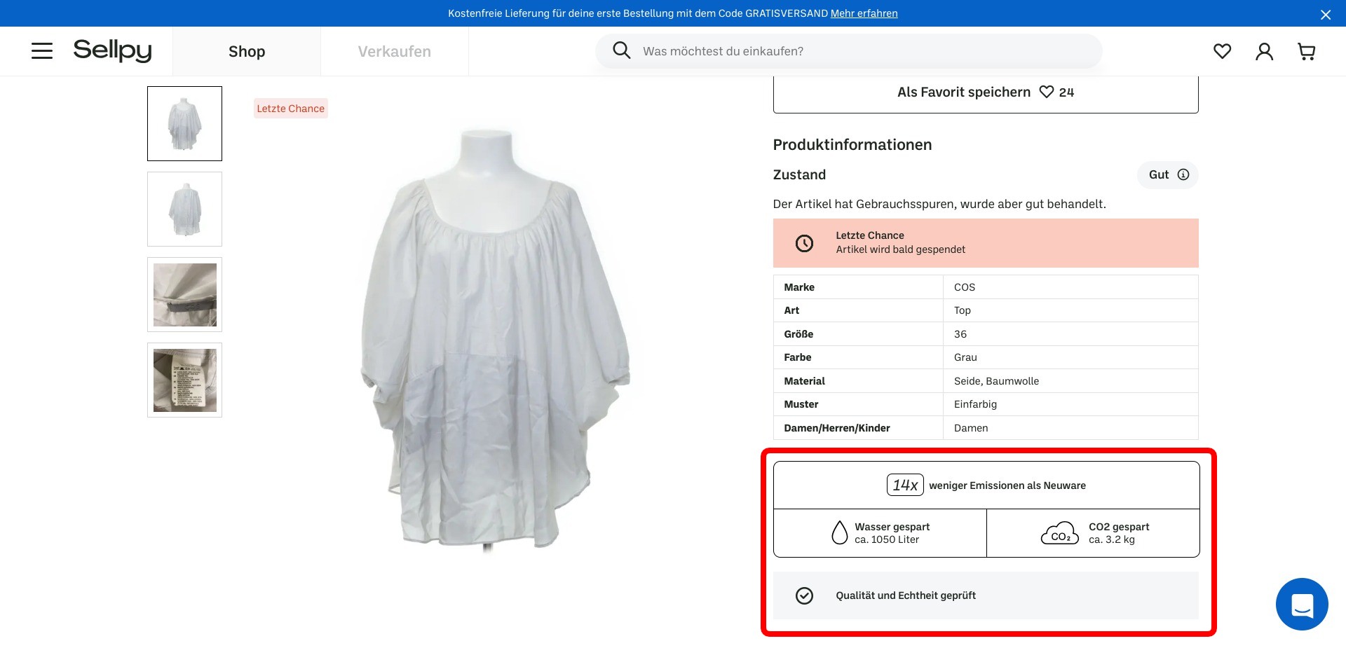 Screenshot of a random product listing on sellpy.de displaying information about quality, originality and environmental awareness