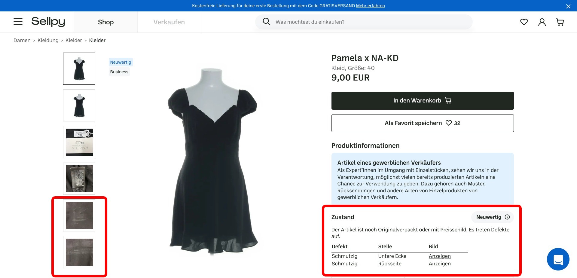 Screenshot of a random product listing on sellpy.de. The text in the bottom right corner explains blemishes, as well as the pictures on the bottom left