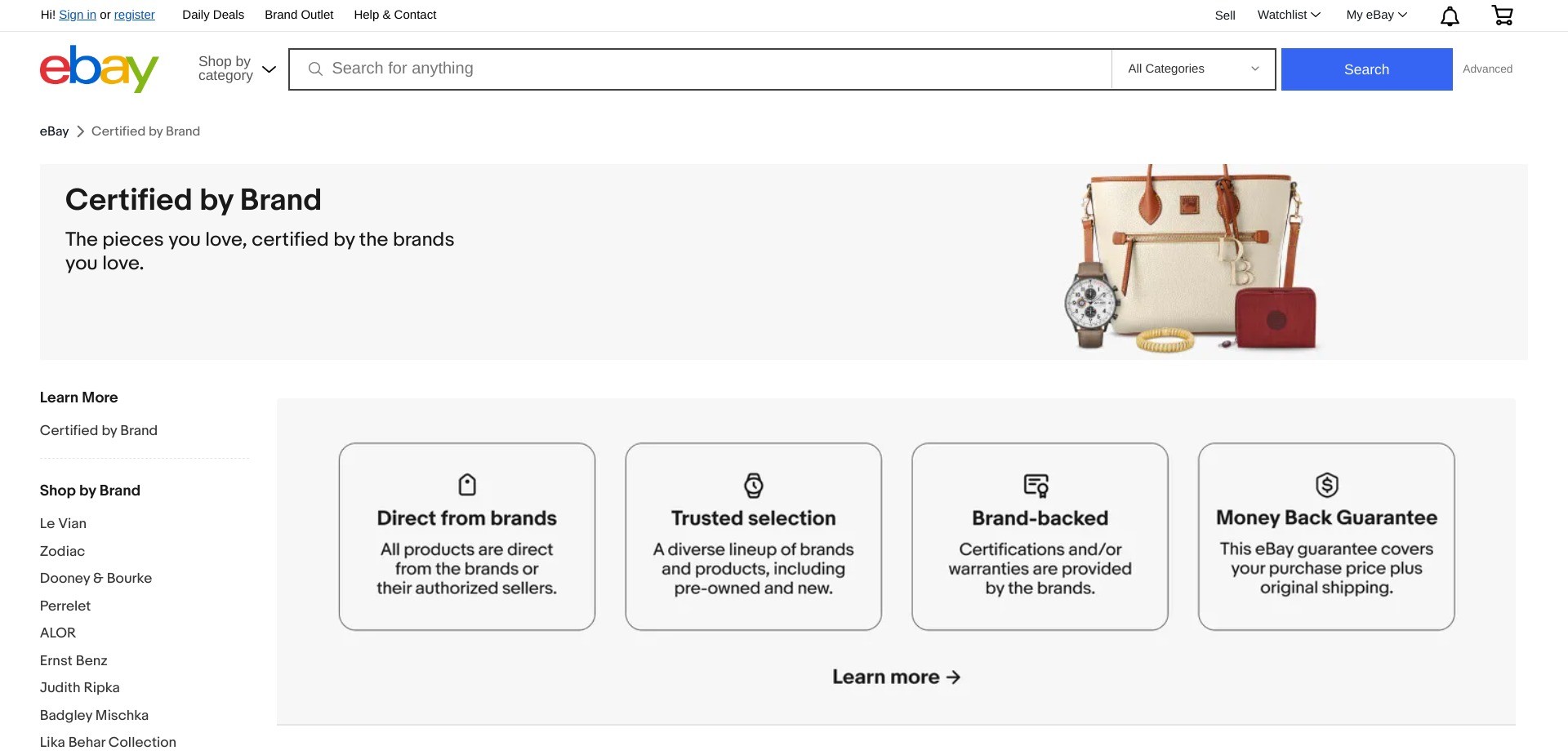 Screenshot of ebay.com displaying the landing page of Certified by Brand