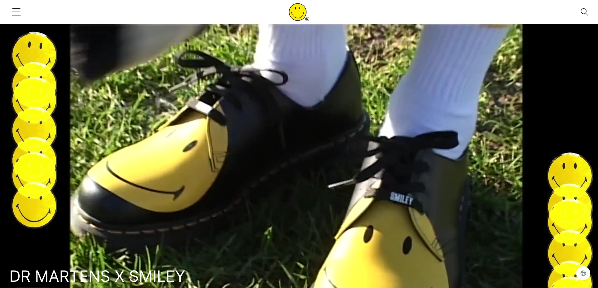Screenshot of smiley.com displaying a still image from a Dr Martens X Smiley commercial