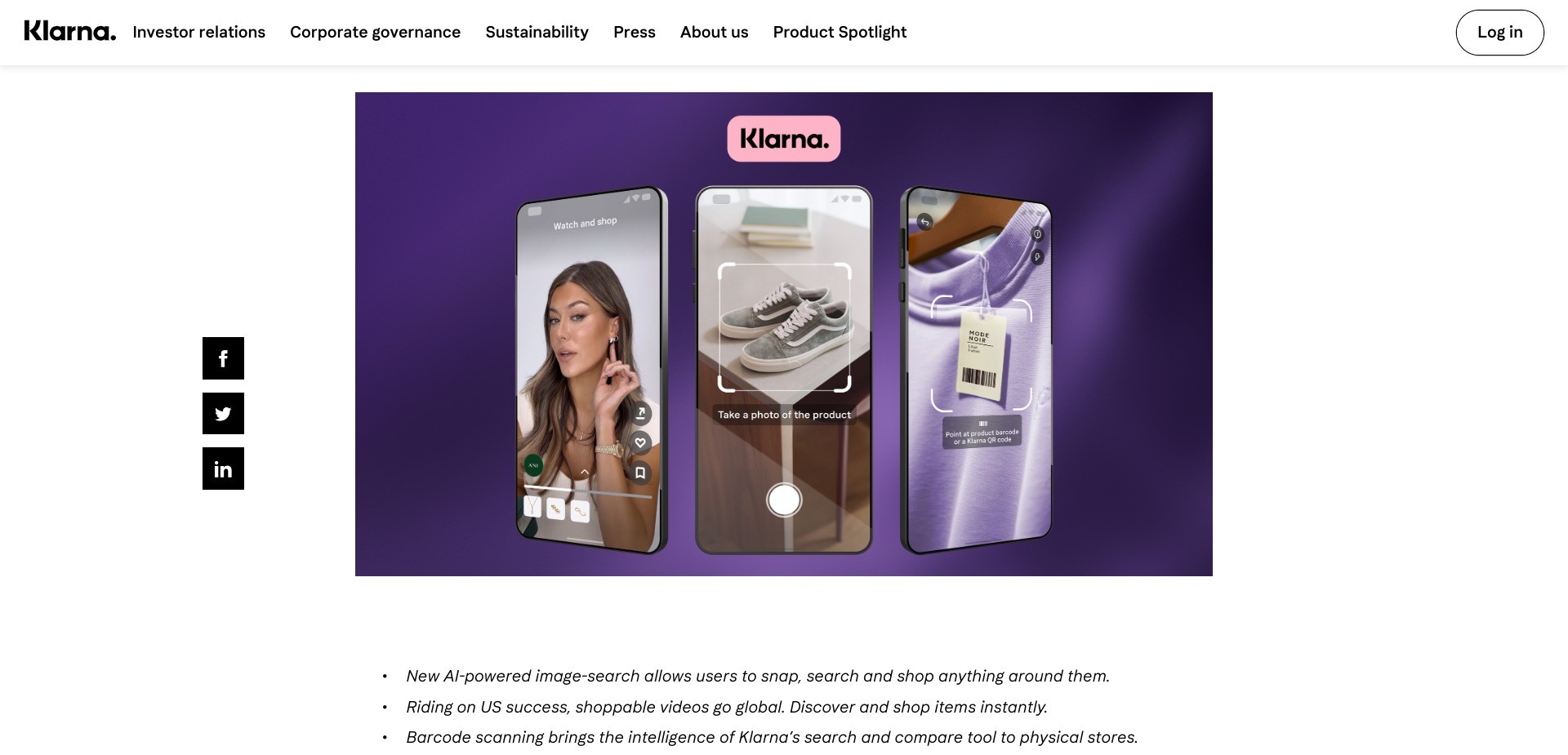 Screenshot of klarna.com displaying the look of the above described features Shopping Lens, barcode scanner and shoppable videos