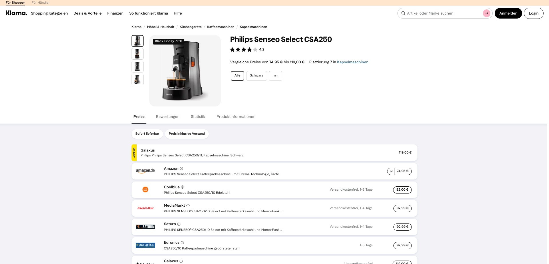 Screenshot of a random product listing on klarna.com displaying a product and its availabilities on different marketplaces 