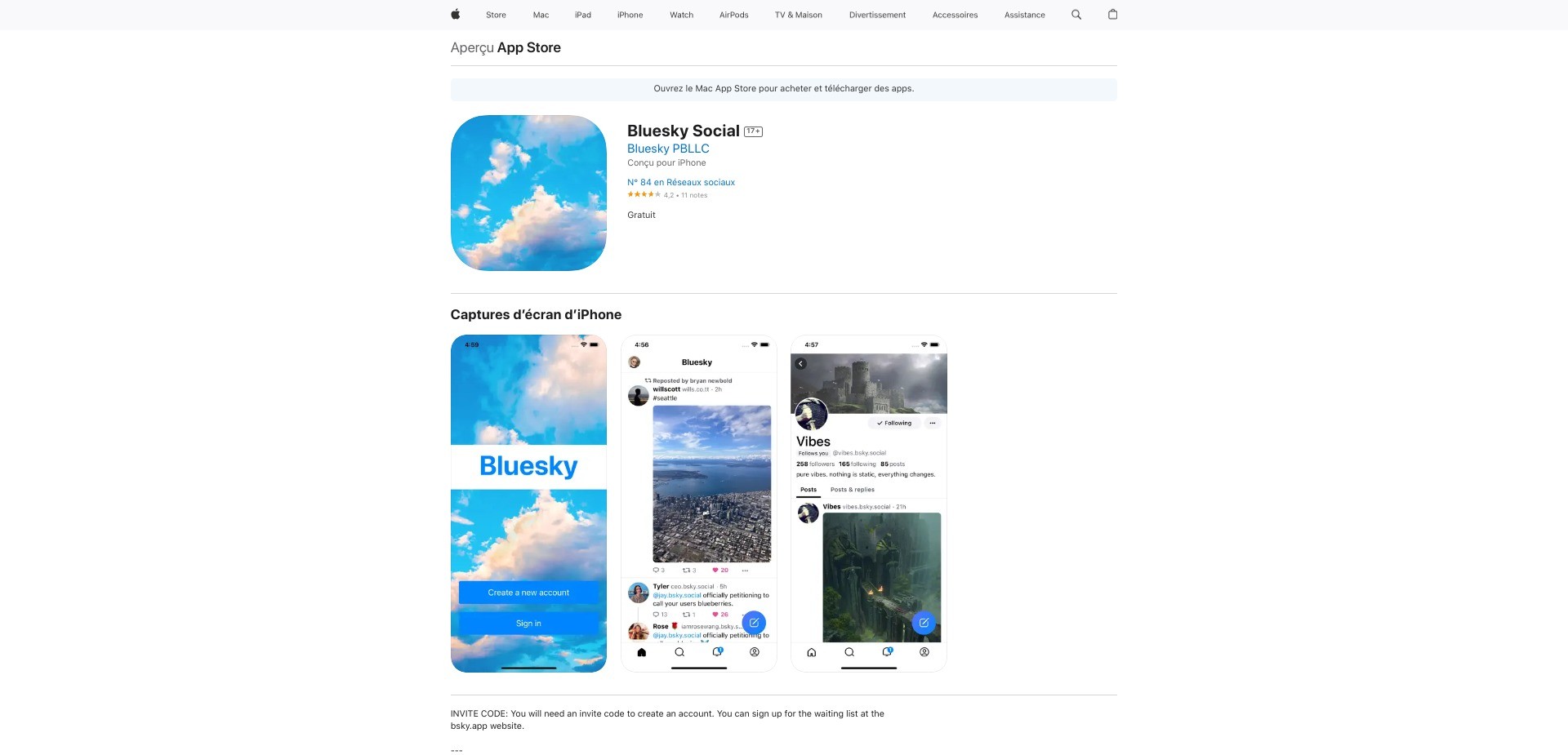 Screenshot of apps.apple.com displaying the Bluesky app’s page 
