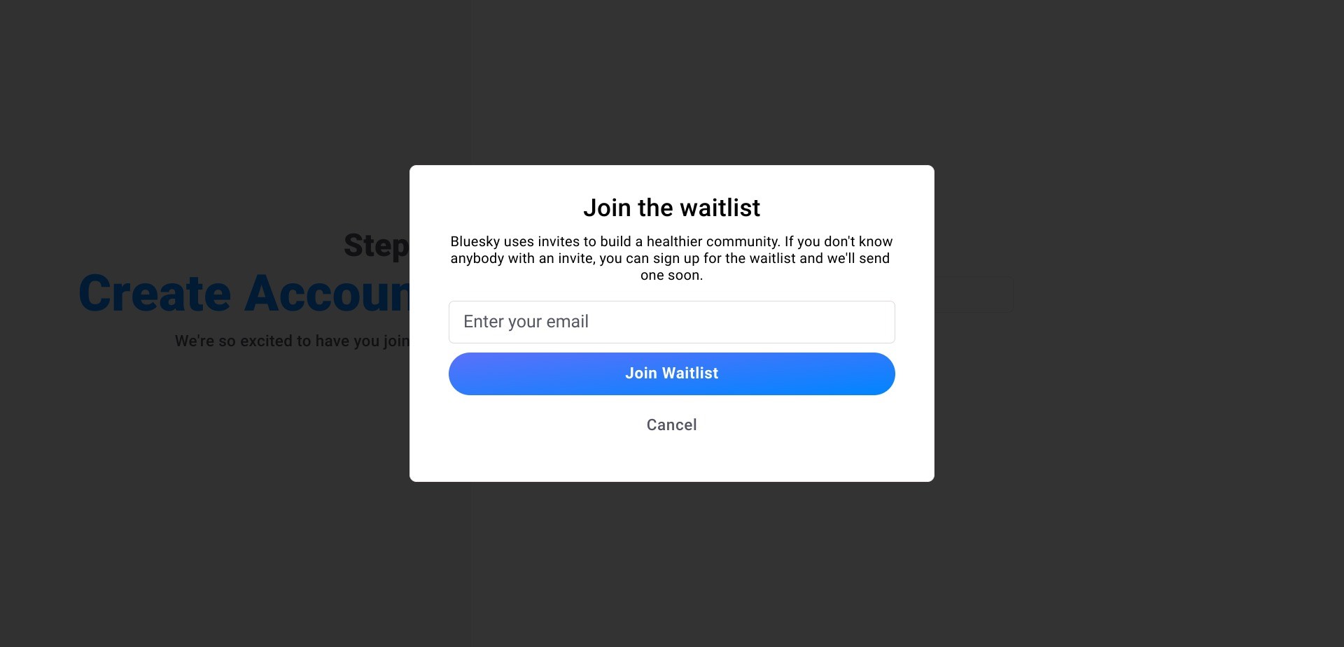 Screenshot of bsky.app displaying the option to join the waitlist