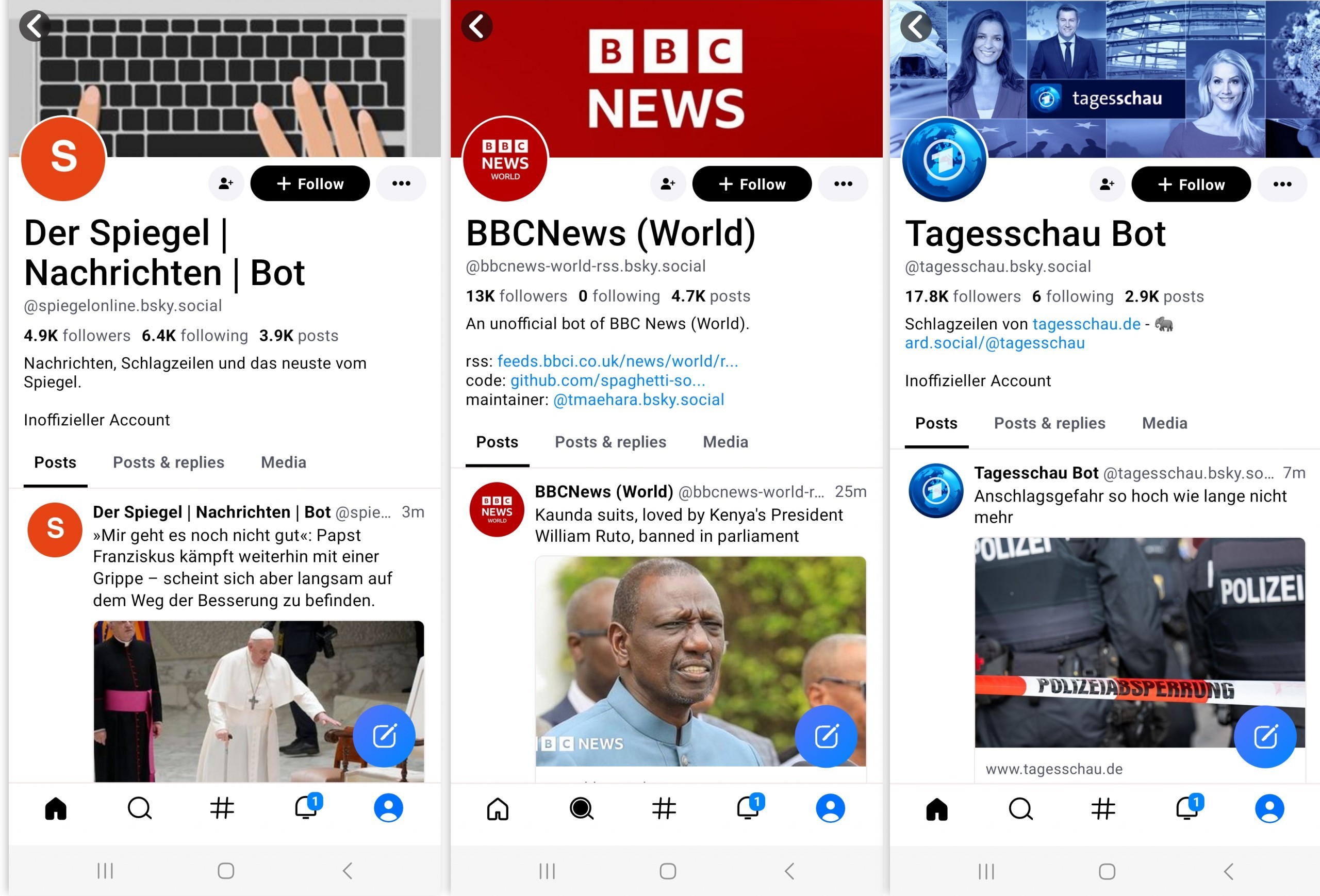 Screenshots of Der Spiegel’s, BBCNews’ and Tageschau’s bot accounts on bsky.app