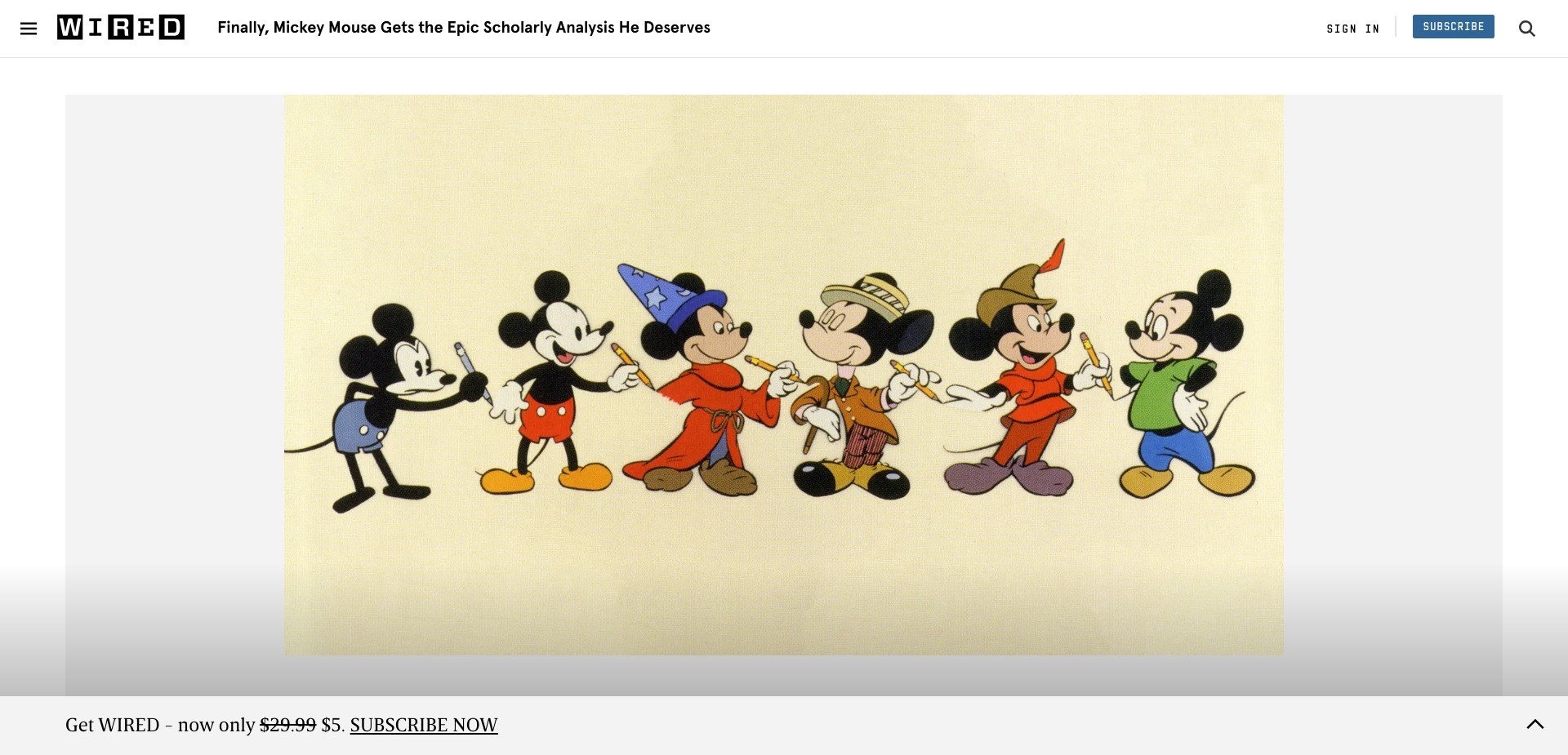 Screenshot of wired.com displaying various versions of Mickey Mouse