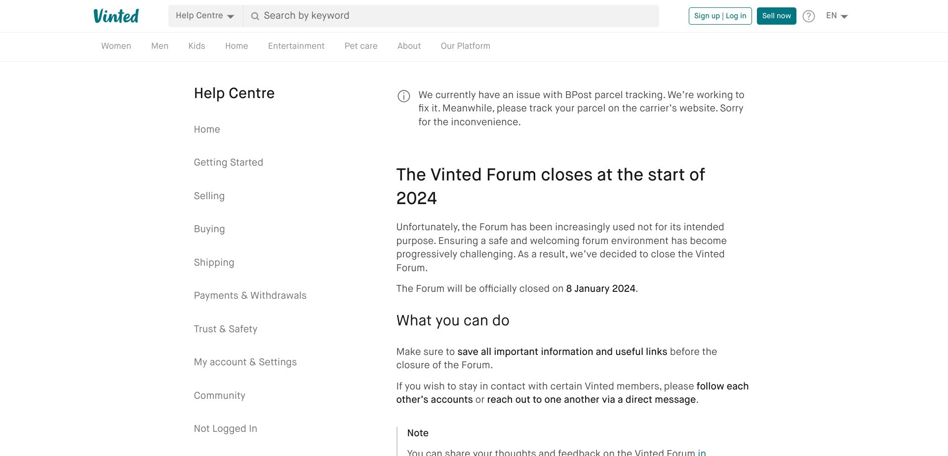 Screenshot of vinted.be displaying the message about the closure of the forum