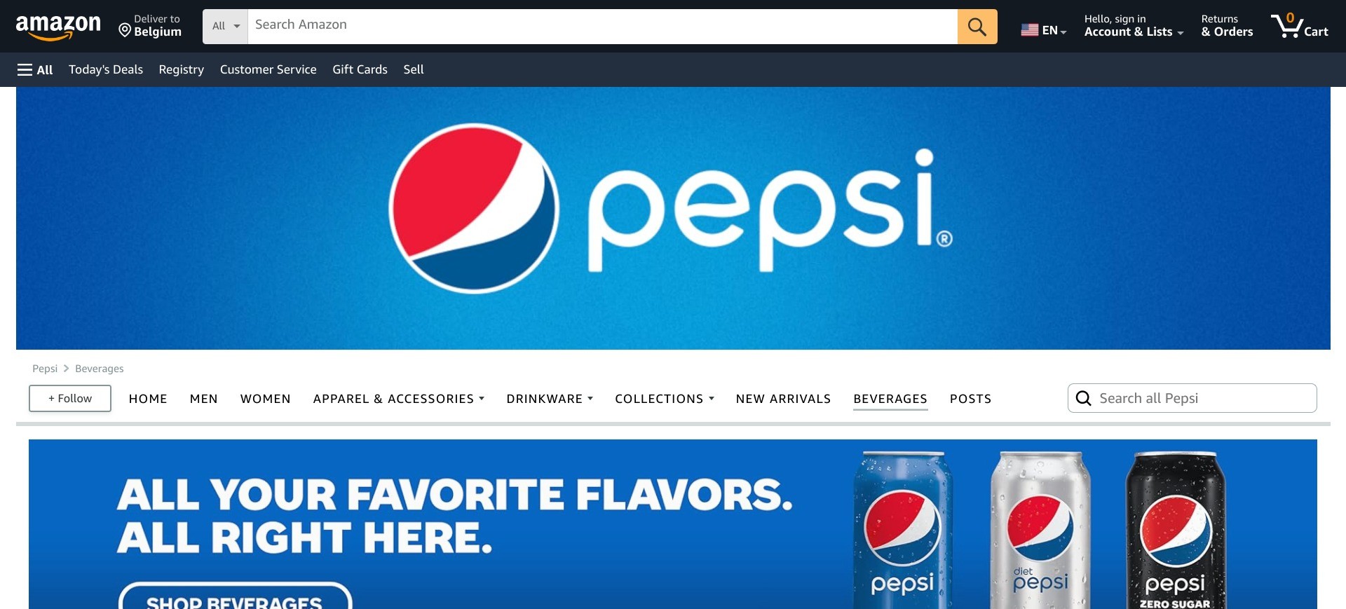 Screenshot of amazon.com displaying the Pepsi Store’s homepage