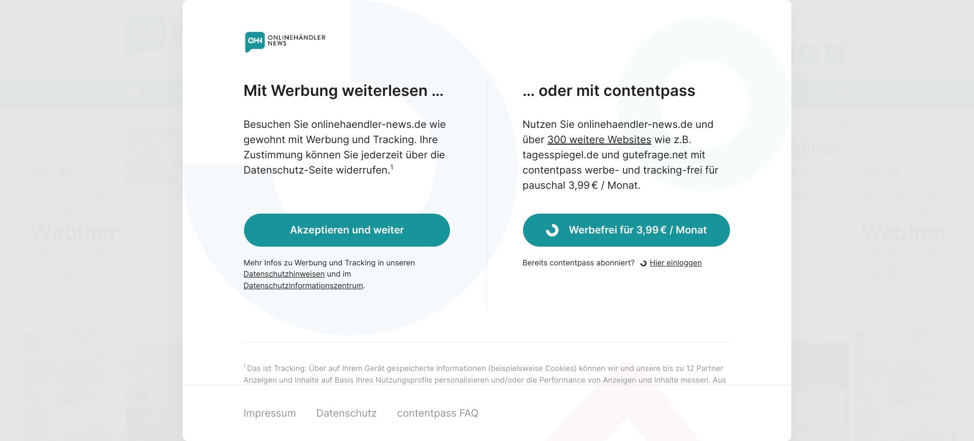 Screenshot of https://www.onlinehaendler-news.de/ displaying the choice of free reading with ads on the left hand side vs. an ad-free subscription of 3.99 euro per month on the right
