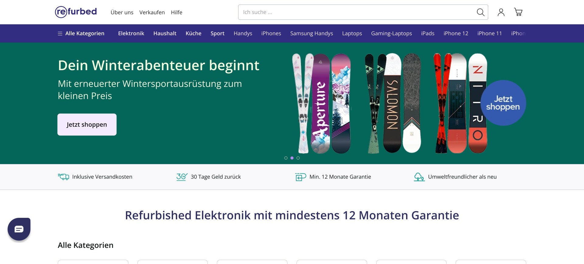 Screenshot of the homepage of refurbed.de