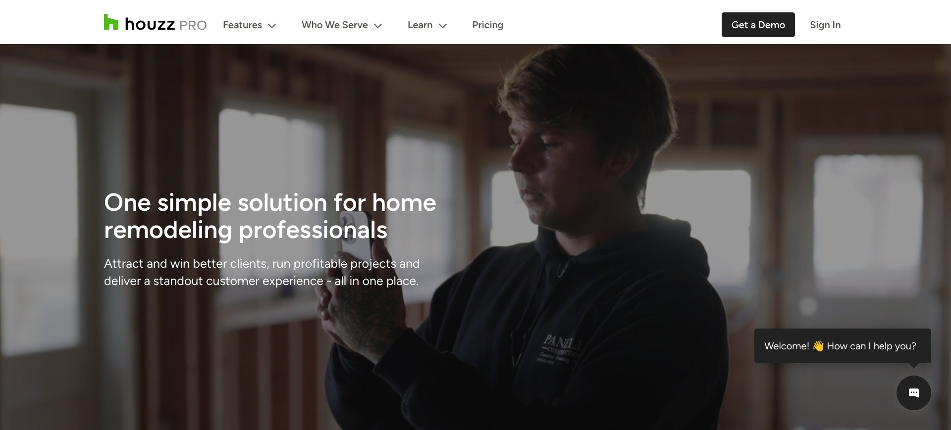 Screenshot of houzz.com/pro, Houzz’s landing page for professionals